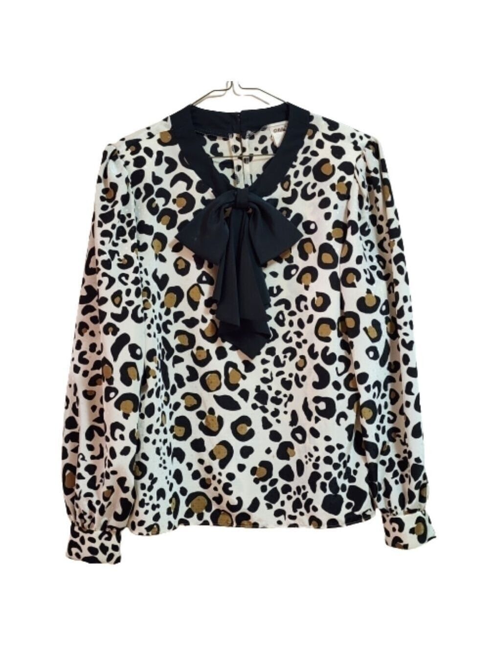 VINTAGE Elite leopard print long sleeves  blouse black bow collar size 10